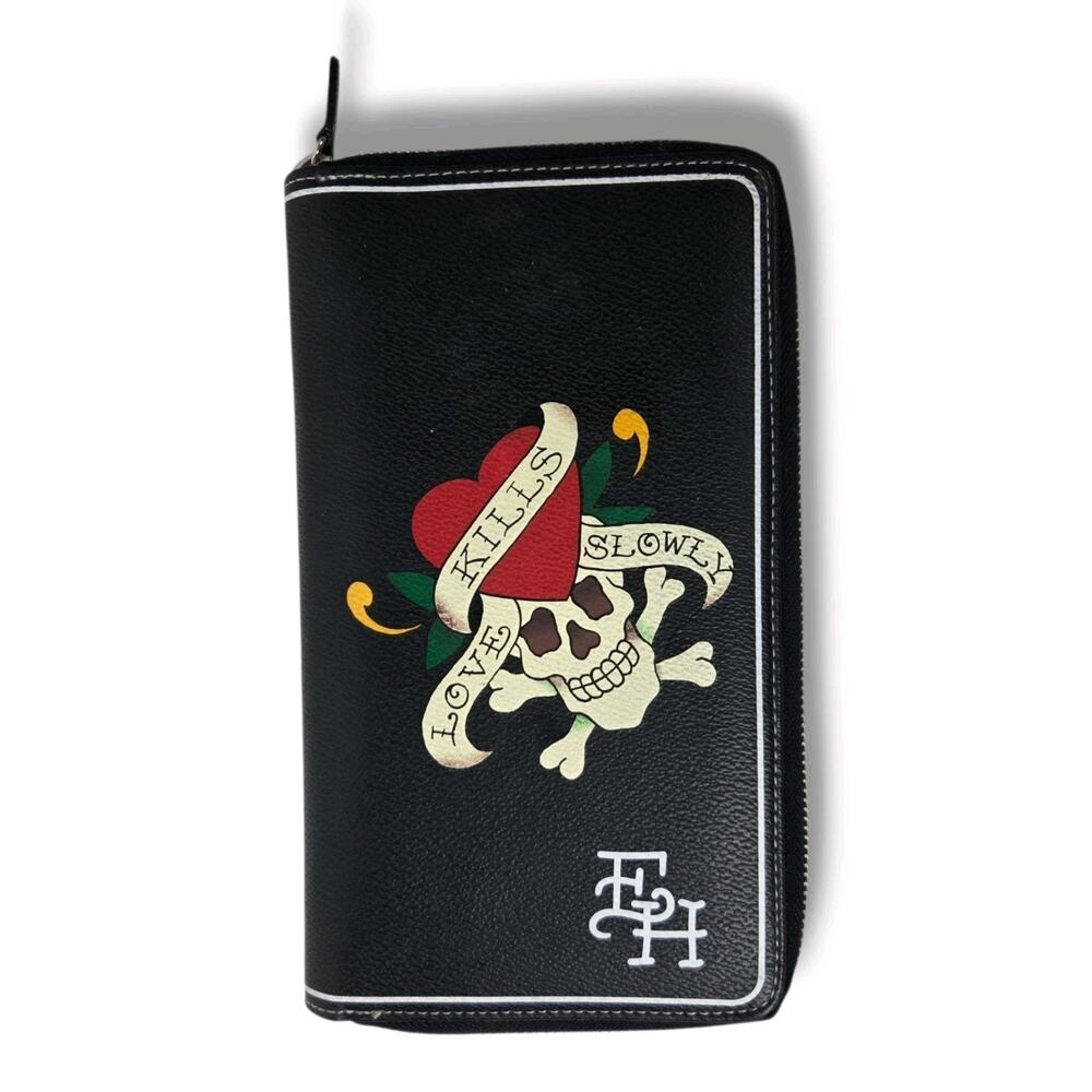 Ed Hardy Black Skull Love Kills Slowly Wallet Zip Around Card Holder Pocket Book